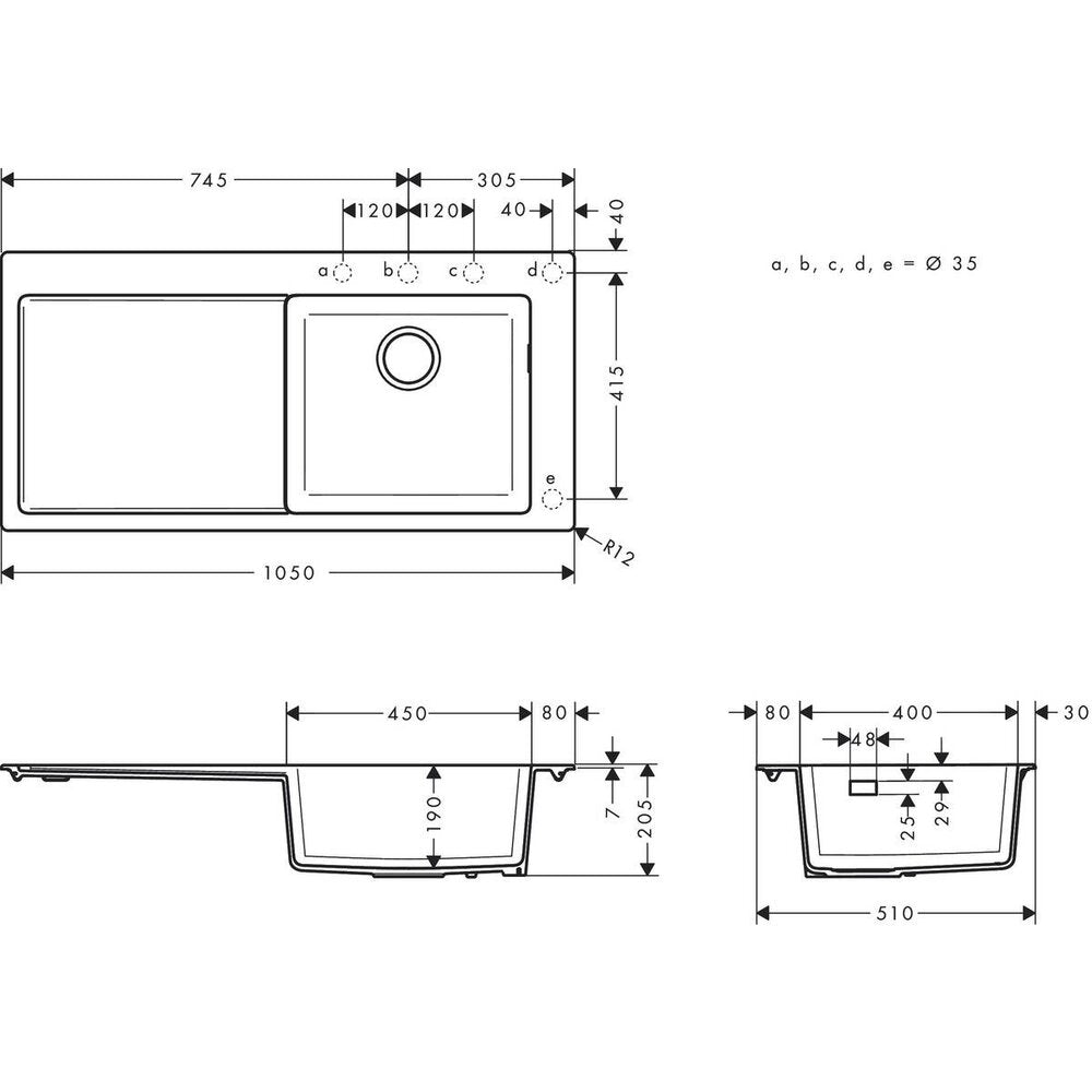 Чиукета композит Hansgrohe S51 SilicaTec сив бетон дясна 105x51 см
