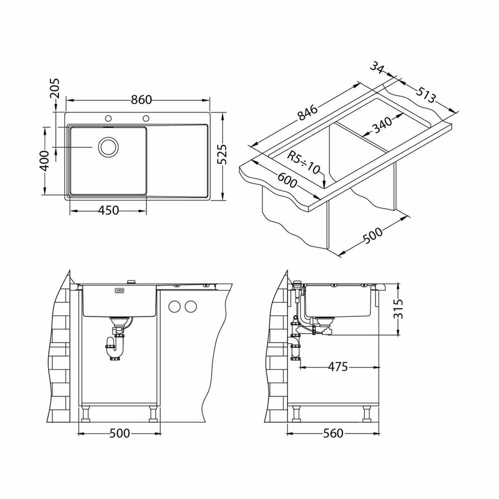 Alveus Pure 50 Left Stainless Steel Sink 86x53 cm