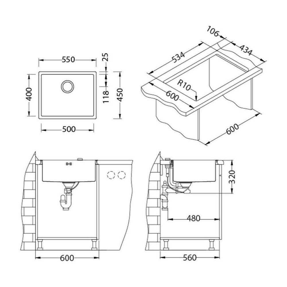 Мивка инокс Alveus Quadrix 50 с антрацитов завършек 55x45 см