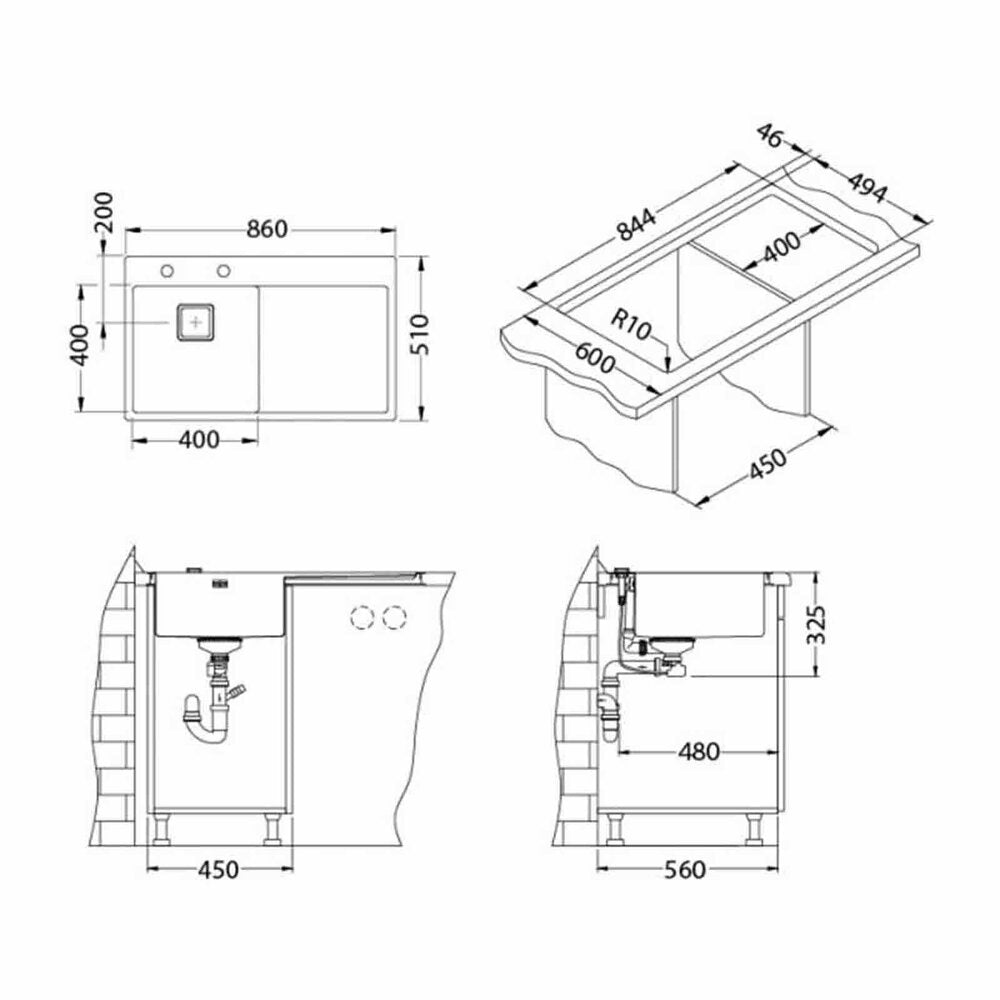 Alveus Stylux 50 Satin 86x51 cm Right Sink