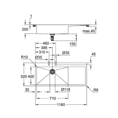 Неръждаема мивка Grohe K1000 116x52.1 см 1 цевка с ренде лява
