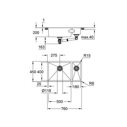 Мивка от неръждаема стомана Grohe K700U 76x45.1 см 2 чинии
