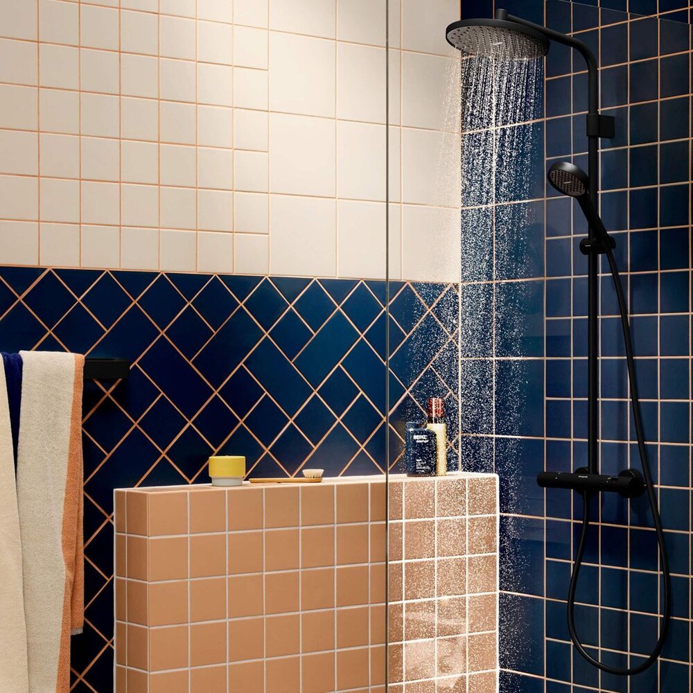 Душ колона с термостатичен смесител Hansgrohe Activera S EcoSmart с 2 функции, матово черно покритие