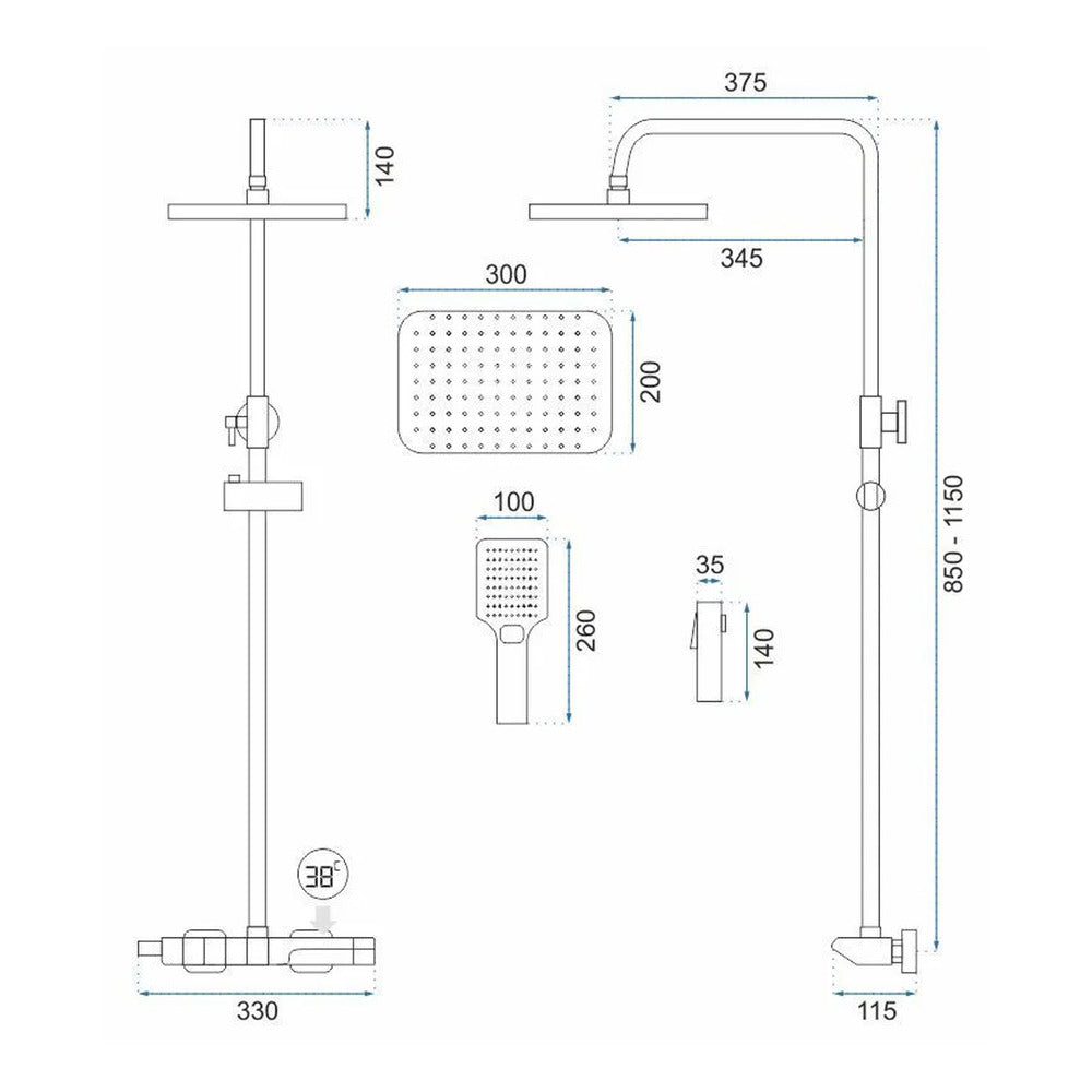 Rea Rob Thermostatic Shower Column in Brushed Gold with Hand Shower