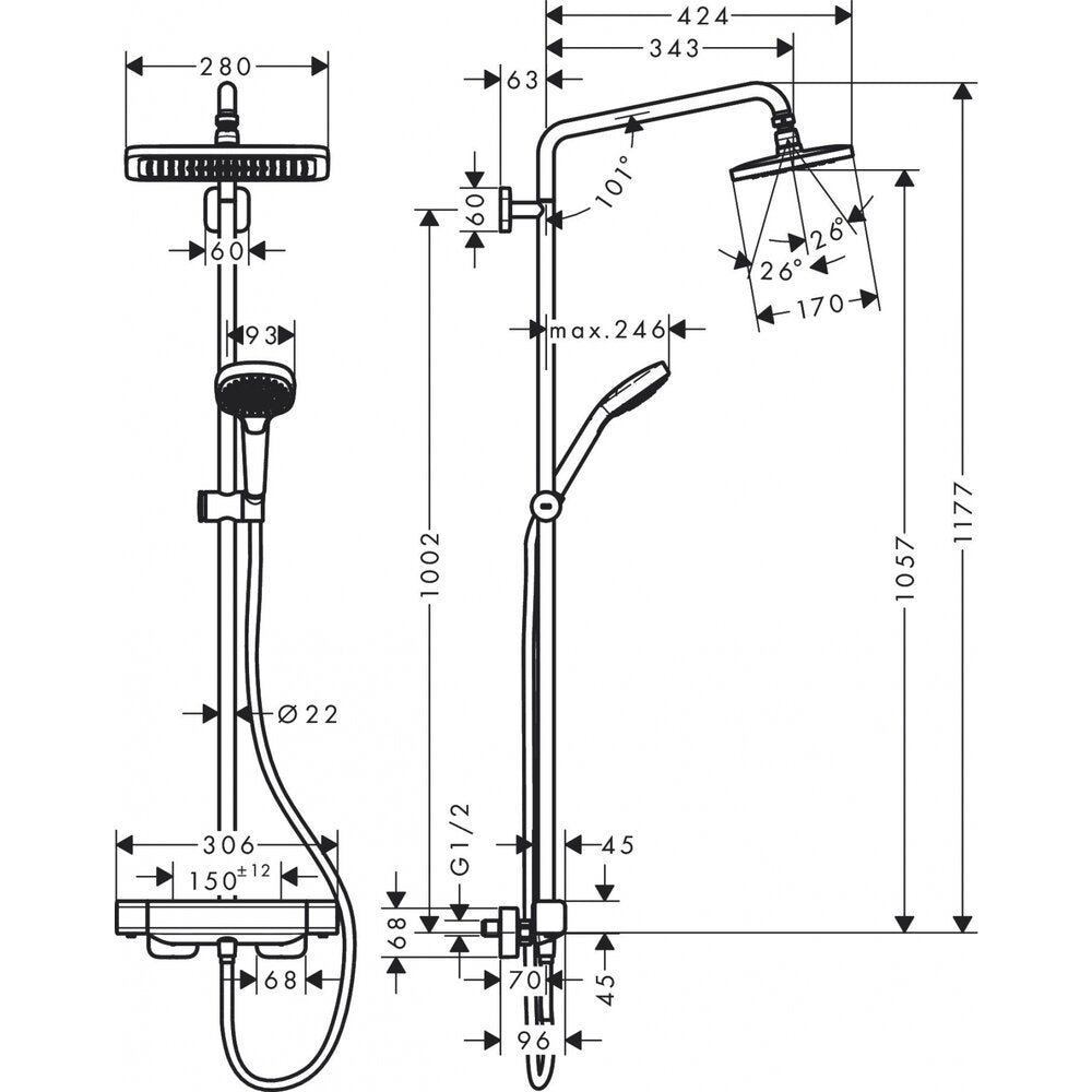 Hansgrohe Croma E 280 EcoSmart Thermostatic Shower Column with 3 Functions
