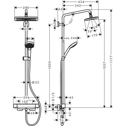 Hansgrohe Croma E 280 EcoSmart Thermostatic Shower Column with 3 Functions