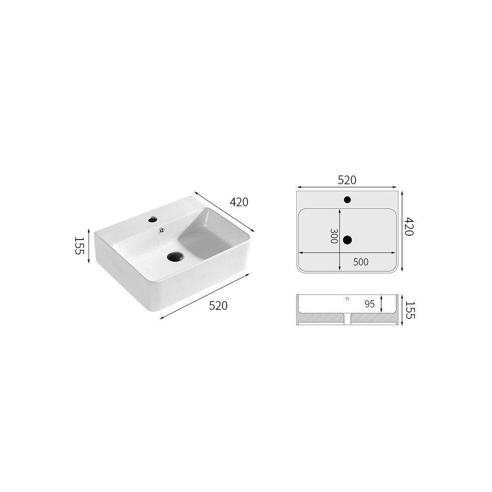 Inter Ceramic Art Rectangular Glossy White Countertop Sink 52 cm