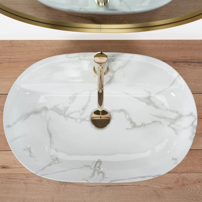 Rea Aura Oval Countertop Sink Glossy White Marble Finish 61 cm
