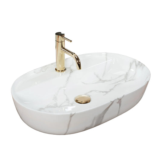 Rea Aura Oval Countertop Sink Glossy White Marble Finish 61 cm