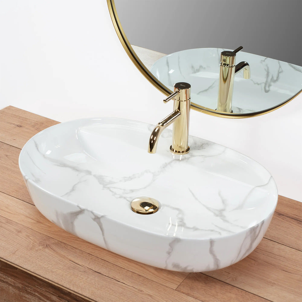 Rea Aura Oval Countertop Sink Glossy White Marble Finish 61 cm