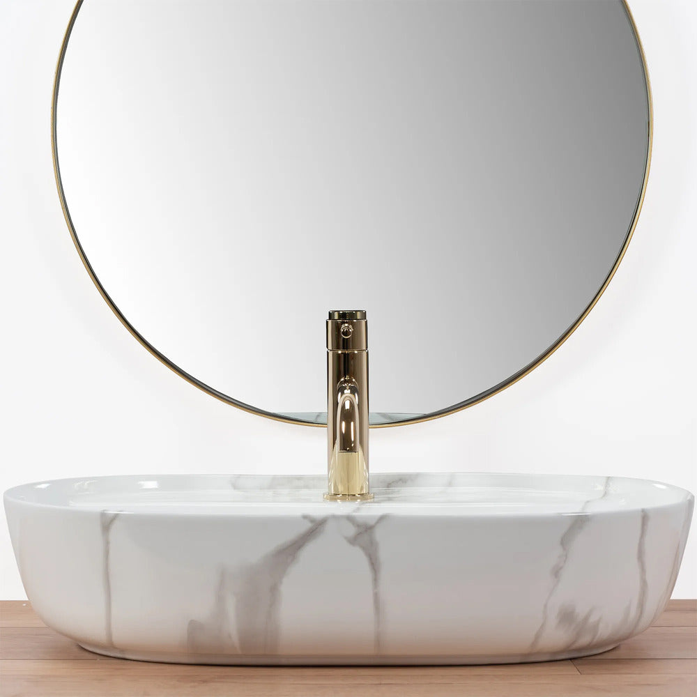 Rea Aura Oval Countertop Sink Glossy White Marble Finish 61 cm