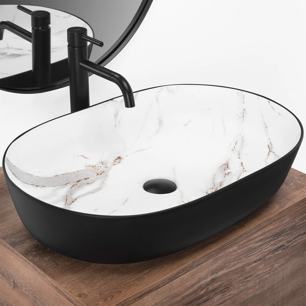 Rea Cleo Aiax Oval Countertop Sink White Stone - Matte Black Finish 60 cm