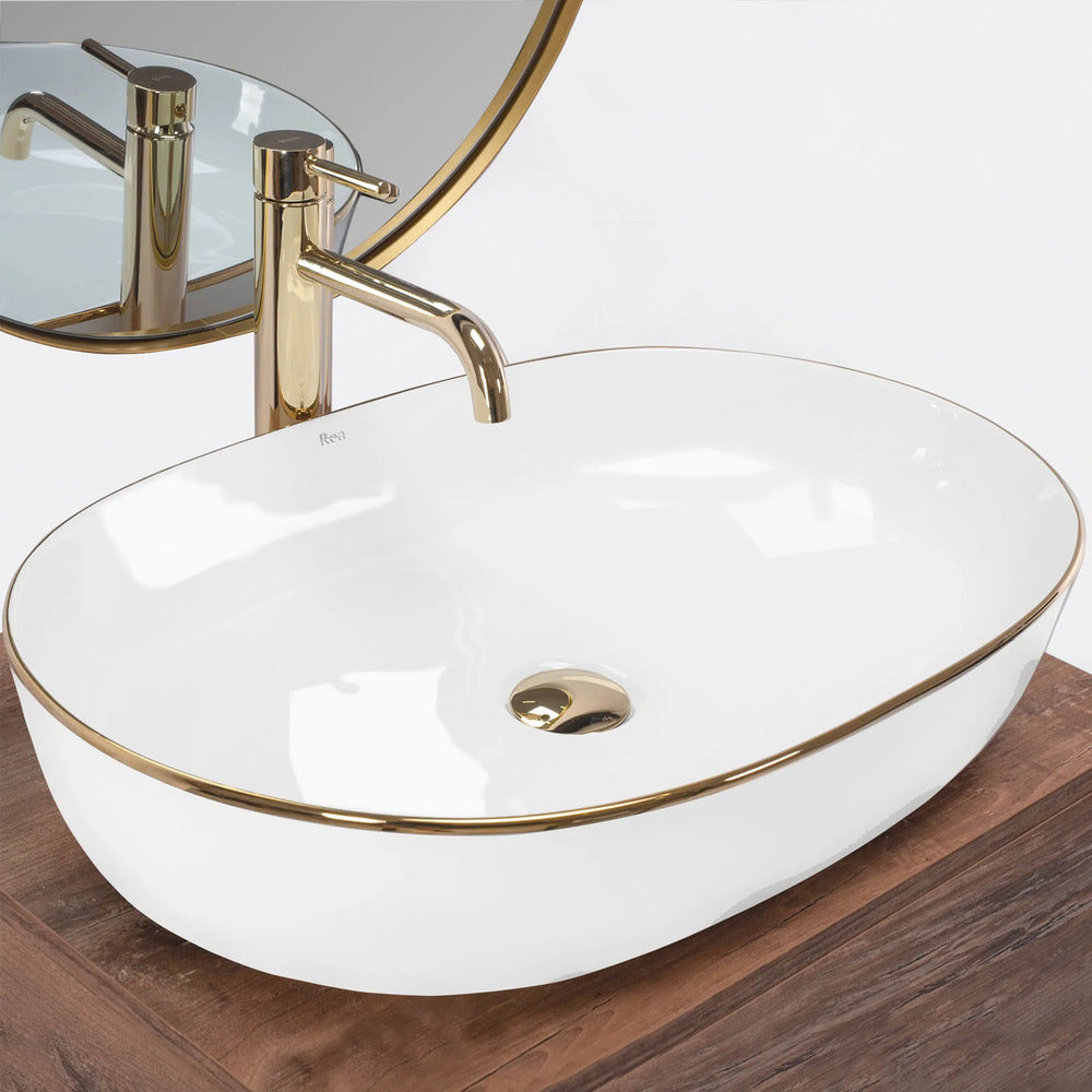 Rea Cleo Oval Countertop Sink White - Gold Finish 60 cm