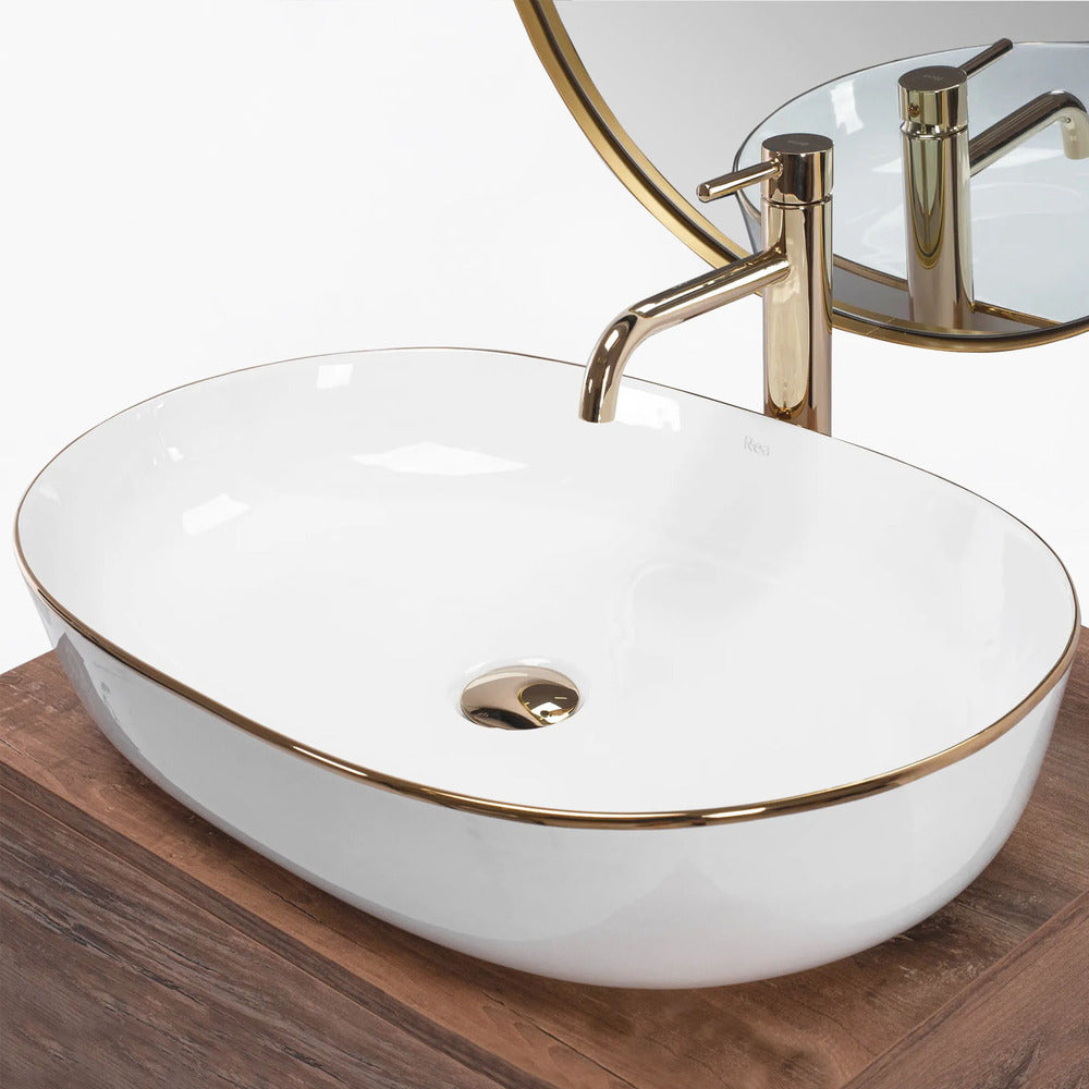 Rea Cleo Oval Countertop Sink White - Gold Finish 60 cm