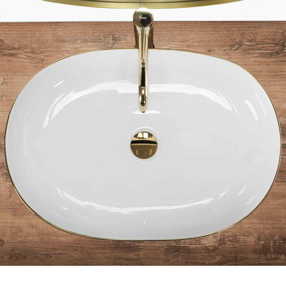 Rea Cleo Oval Countertop Sink White - Gold Finish 60 cm