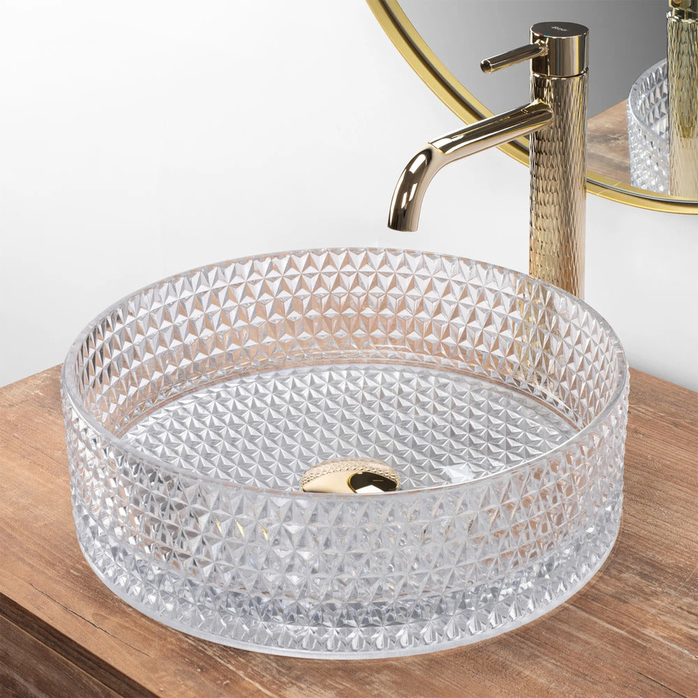 Rea Cristal round countertop sink transparent glass finish 36 cm