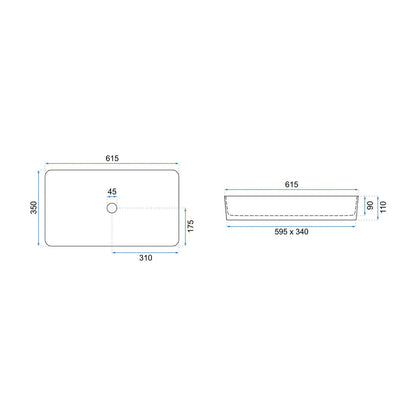 Rea Denis Rectangular Countertop Sink White - Black Finish 62 cm