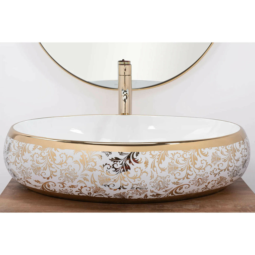 Rea Melania Meryl Oval Countertop Sink White - Gold Finish 60 cm