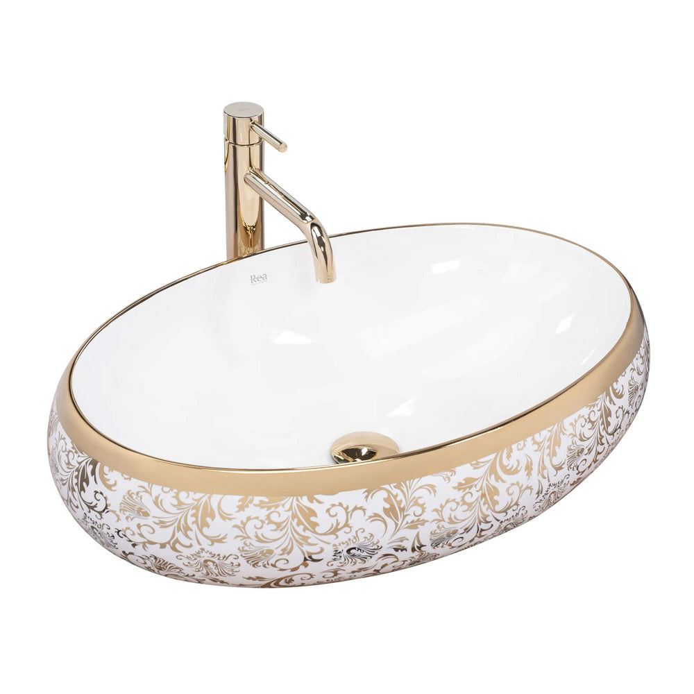 Rea Melania Meryl Oval Countertop Sink White - Gold Finish 60 cm