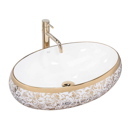 Rea Melania Meryl Oval Countertop Sink White - Gold Finish 60 cm