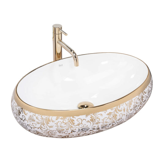 Rea Melania Meryl Oval Countertop Sink White - Gold Finish 60 cm