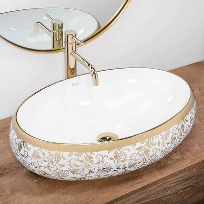 Rea Melania Meryl Oval Countertop Sink White - Gold Finish 60 cm