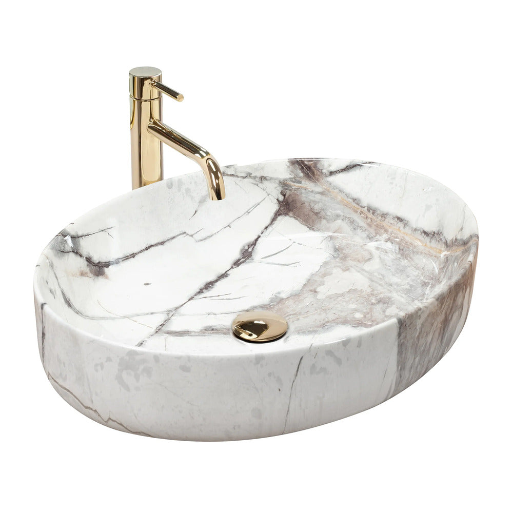 Rea Queen Thunder Oval Countertop Sink Glossy White Stone Finish 55 cm