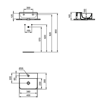 Мивка за стена Ideal Standard Atelier Conca 40 см бяла гланц с отвора за батерия
