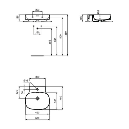 Окачен умивалник Ideal Standard Atelier Linda-X 50 см бял мат с отвор за смесител и преливник