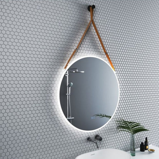 Огледало с осветление и размразяване Inter Ceramic кръгло 80 cm светло кафява каишка