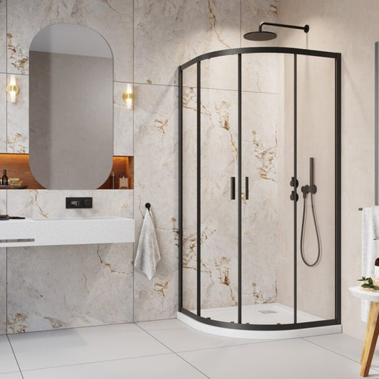Пакет душ кабина Alienta Black A 90x90 cm, душ тава Rodos A Compact бяла и сифона за душ черен