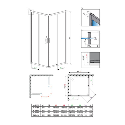 Комплект душ кабина Alienta Black C 80x80 cm, душ тава Rodos C Compact бяла и черен сифони