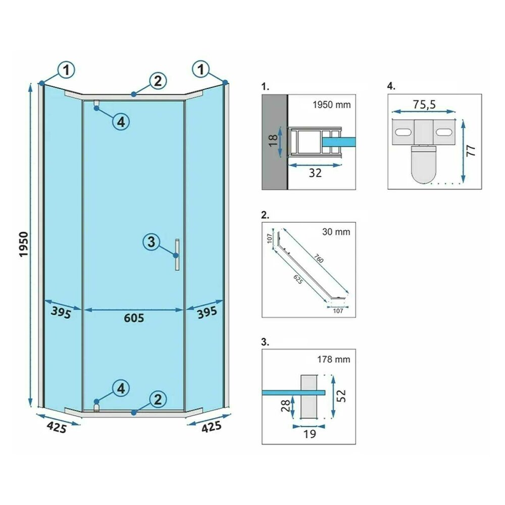 Пакет душ кабина Rea Axin хром 90x90 и душ колона Grohe Vitalio Start хром