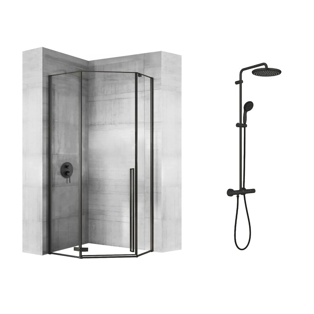 Rea Diamond Shower Cabin Package Black 90x90 and Grohe Vitalio Start Shower Column Black