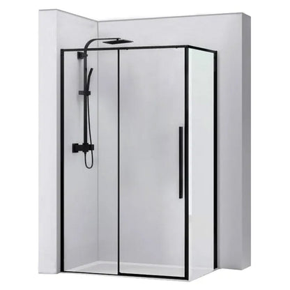Комплект черна душ кабина Rea Solar 90x120 см, вана за душ Omnires Stone черна и сифона за вана черен