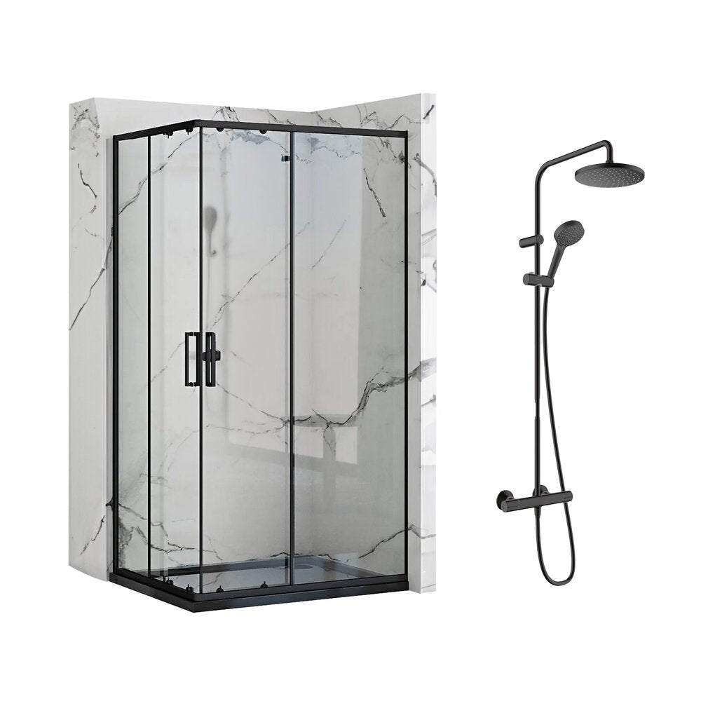 Rea Punto Black Shower Cabin Package 80x100 cm and Hansgrohe Vernis Blend Black Shower Column