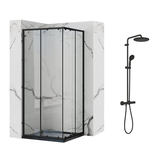 Комплект черна душ кабина Rea Punto 90x90 см и душ колона Grohe Vitalio Start черна