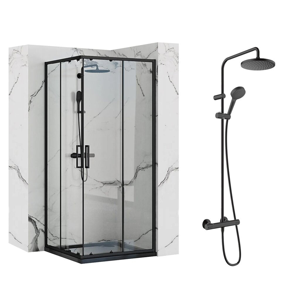Rea Punto Black Shower Cabin Package 90x90 cm and Hansgrohe Vernis Blend Black Shower Column