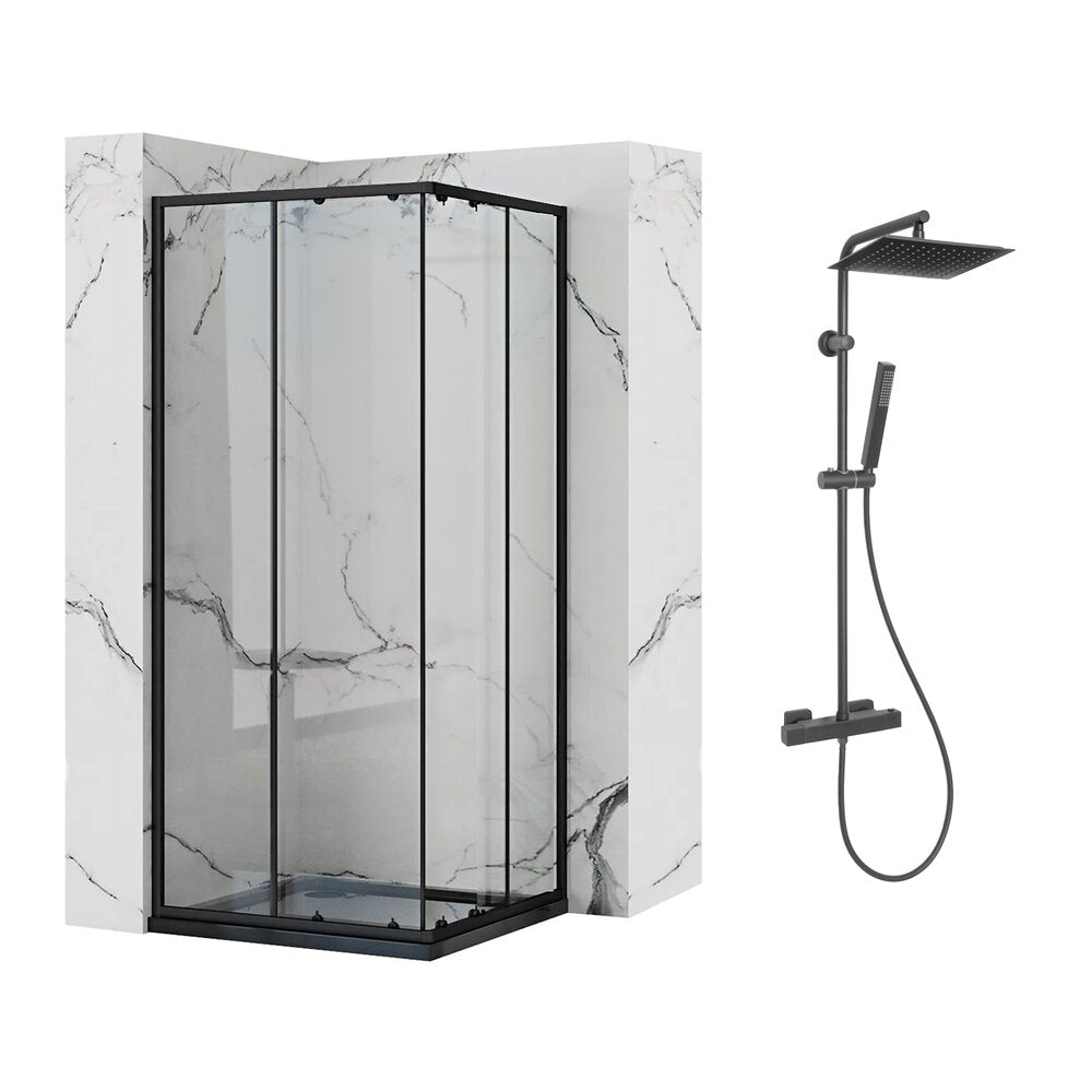 Rea Punto Black Shower Cabin Package 90x90 cm and Invena Svart Black Shower Column