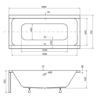 Пакет правоъгълна вана Besco Quadro 165x75 см, параван за вана Rea Elegant 70x140 см златен, сифона за вана и капак за сифона.