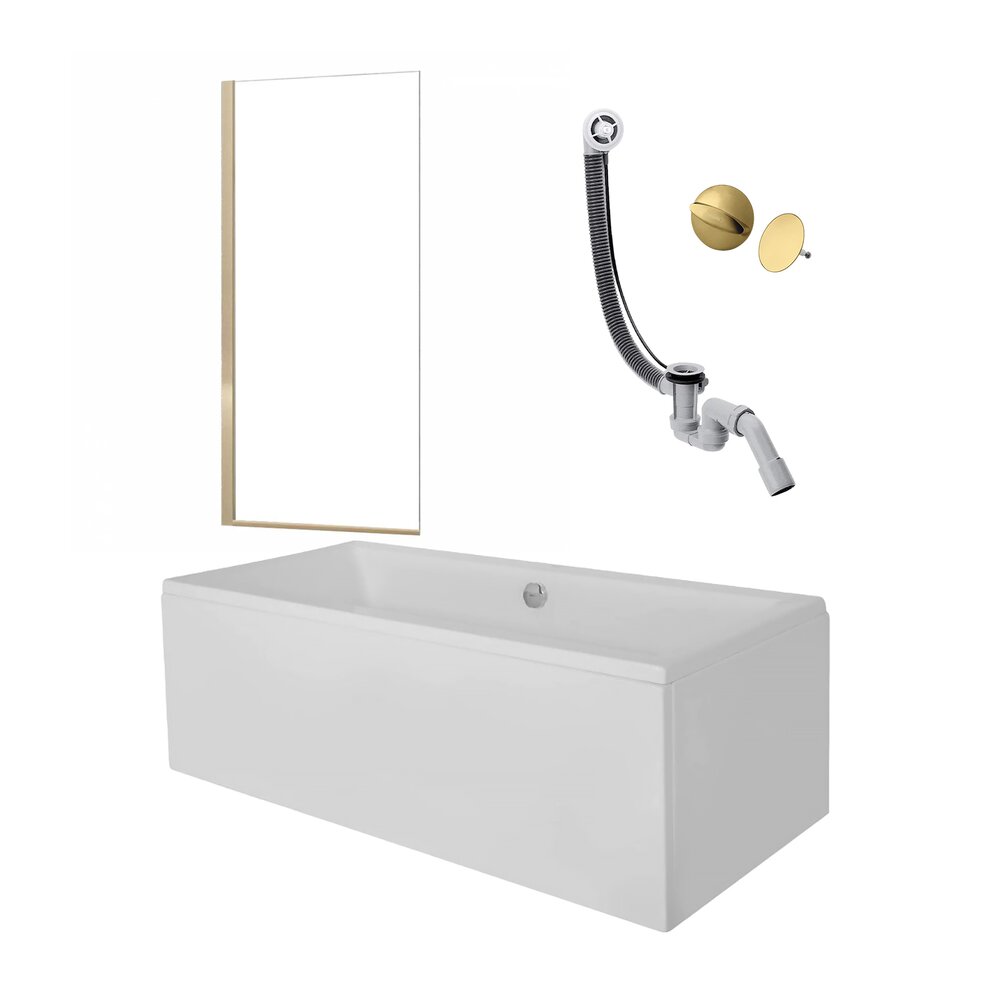 Пакет правоъгълна вана Besco Quadro 165x75 см, параван за вана Rea Elegant 70x140 см златен, сифона за вана и капак за сифона.