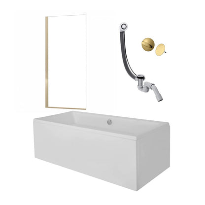 Пакет правоъгълна вана Besco Quadro 165x75 см, параван за вана Rea Elegant 70x140 см златен, сифона за вана и капак за сифона.