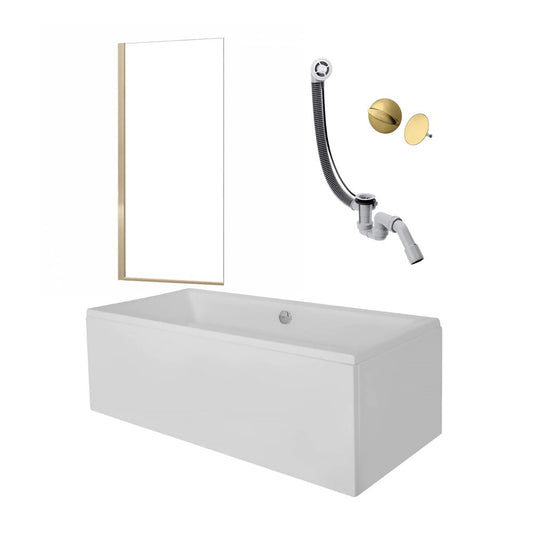 Пакет правоъгълна вана Besco Quadro 165x75 см, параван за вана Rea Elegant 70x140 см златен, сифона за вана и капак за сифона.