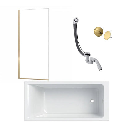 Комплект правоъгълна вана Geberit Selnova бяла 70x140 см, параван за вана Rea Elegant 70x140 см златен, сифони за вана и капак на сифона