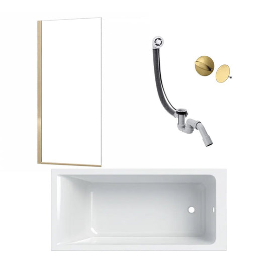 Комплект правоъгълна вана Geberit Selnova бяла 70x140 см, параван за вана Rea Elegant 70x140 см златен, сифони за вана и капак на сифона