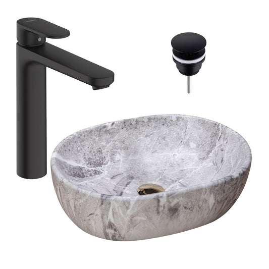 Countertop Sink Package Rea Lara Stone Gray 48.5 cm, Hansgrohe Vernis Blend Black Faucet and Click-Clack D Black Sink Drain