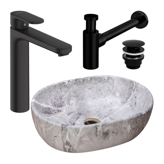 Countertop Sink Package Rea Lara Stone Grey 48.5 cm, Hansgrohe Vernis Blend Black Faucet and Click-Clack Sink Drain Black