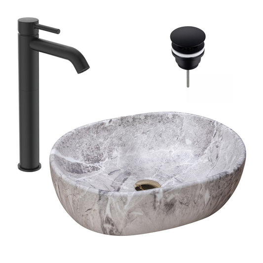 Countertop Sink Package Rea Lara Stone Gray 48.5 cm, Ideal Standard Ceraline Black Faucet and Click-Clack D Black Sink Drain