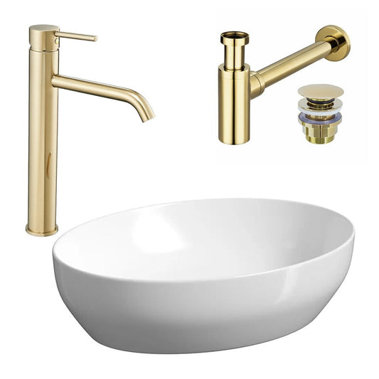 Cersanit Larga White Countertop Sink Package 50 cm, Rea Lungo Gold Faucet and Gold Click-Clack Sink Drain