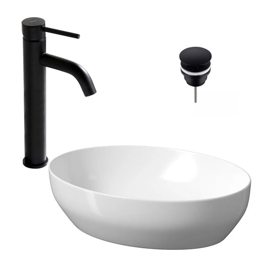Countertop Sink Package Cersanit Larga White 50 cm, Rea Lungo Black Faucet and Click-Clack D Black Sink Drain